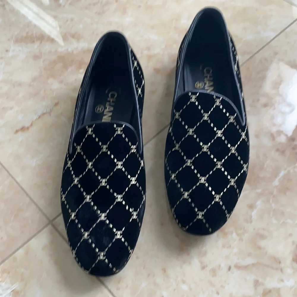 CHANEL Black Velvet Loafers with Silver Detailing - Picture 2 of 8